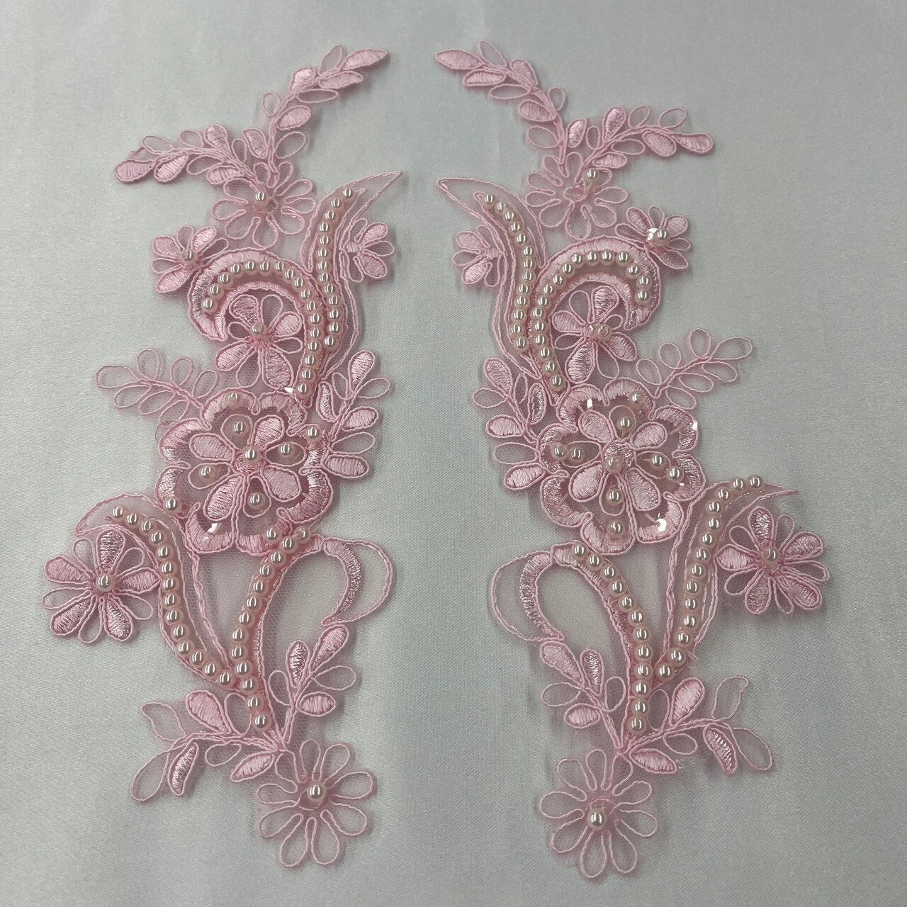 1 Pair Beaded & Corded Floral Lace Applique 9" x 2.5" Each Side